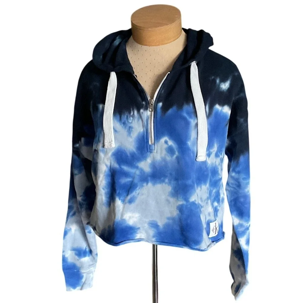 Calvin Klein Jeans Women Blue Tie Dye Cropped Quarter Zip Pullover Hoodie S